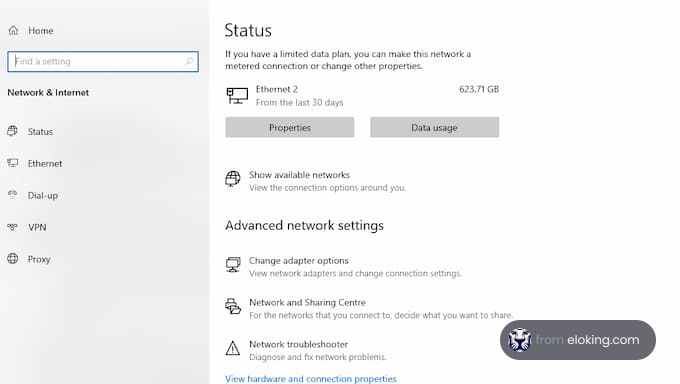 Network status settings with data usage overview on Windows