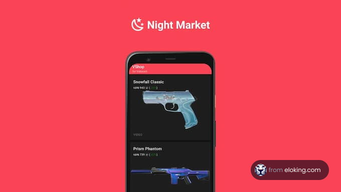 Night Market mobile app showcasing Snowfall Classic and Prism Phantom skins
