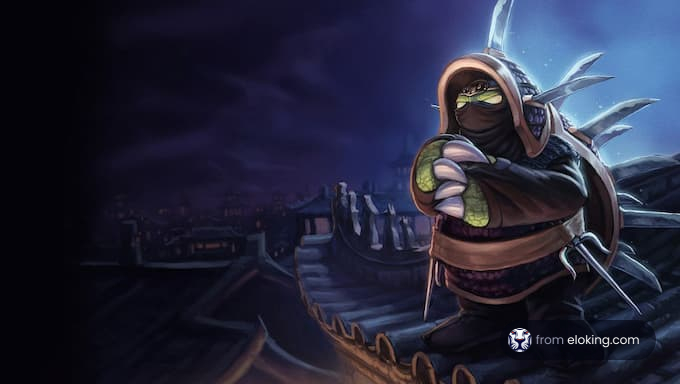 Ninja character on a rooftop at night with cityscape background