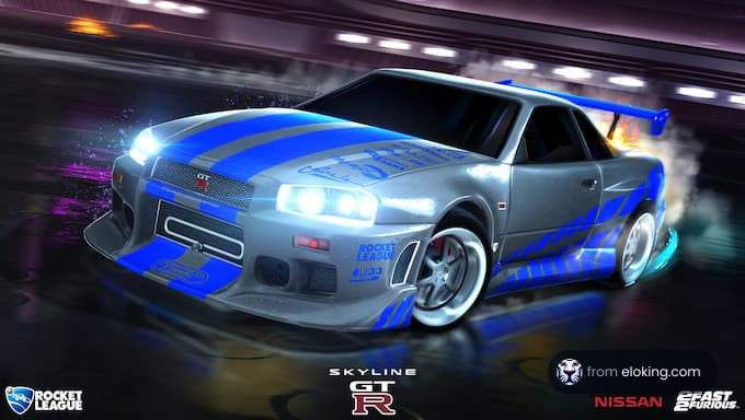 Nissan Skyline GTR on a race track with dynamic lighting and smoke effects