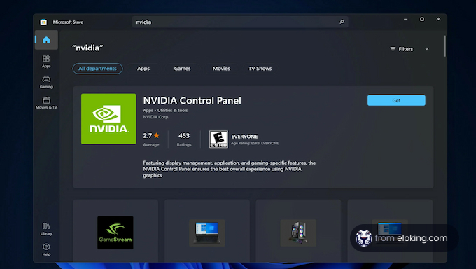 Screenshot of NVIDIA Control Panel on Microsoft Store with user ratings and description