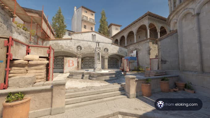 Image of an old European courtyard with archways, stone fountain, and scattered crates in a sunny setting.