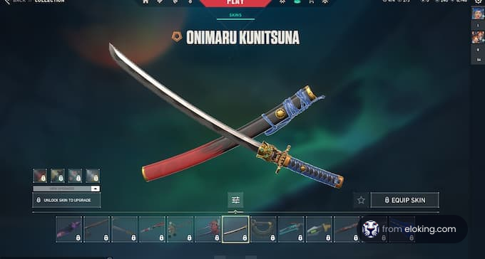 Detailed Onimaru Kunitsuna sword skin in a video game interface