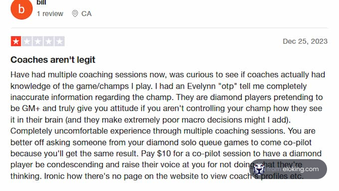 Screenshot of a negative online coaching review posted on December 25, 2023