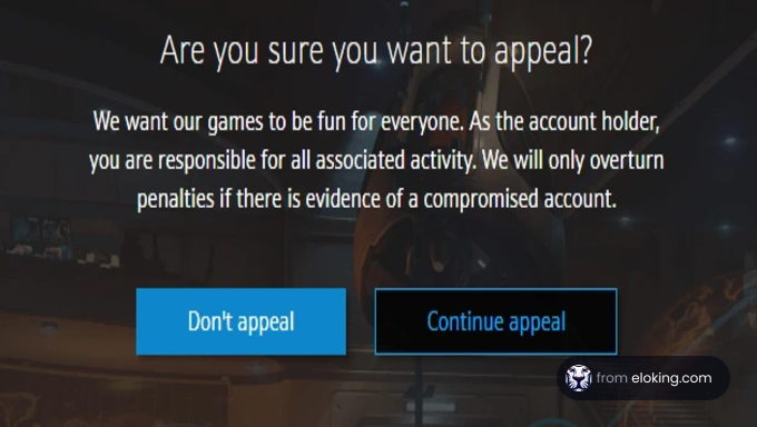 Online game interface asking if the user wants to continue or discontinue an account appeal