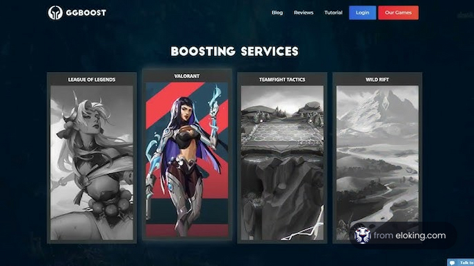 An advertising image displaying boosting services for multiple games including League of Legends, Valorant, Teamfight Tactics, and Wild Rift