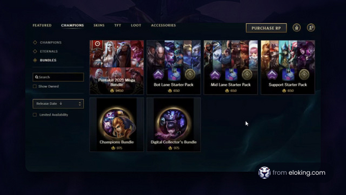 Screenshot of an online game store featuring various champion bundles