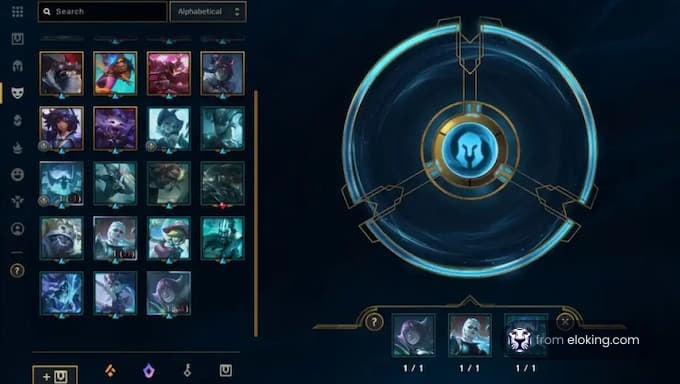 Interface of an online game showing character selection with a central blue wheel