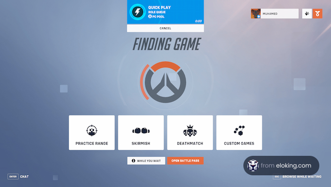 Screen displaying finding game interface with options for practice range, skirmish, deathmatch, and custom games