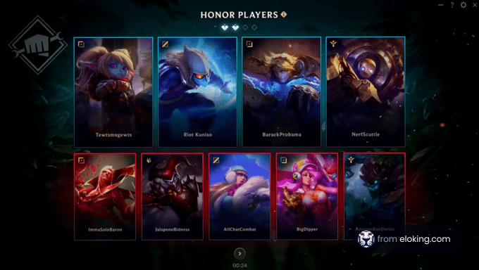 Screenshot of the Honor Players screen in an online game showing character selections