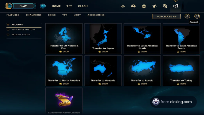 Online game platform showing global region transfer options and pricing