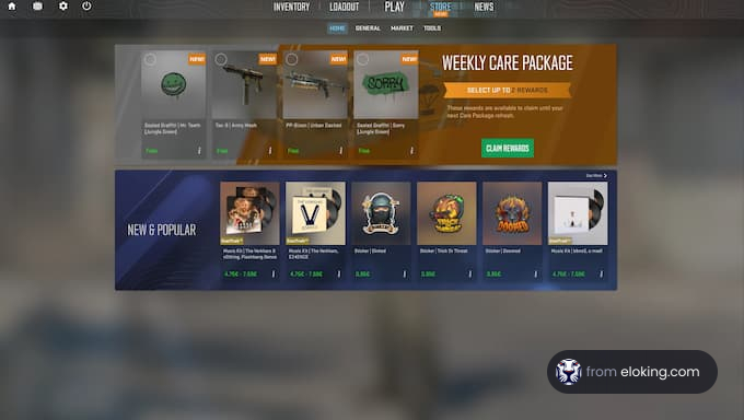 Screenshot of an online game interface showing weekly care packages and new items