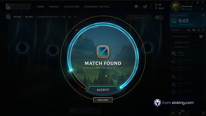 Online game interface showing a match found for Summoner's Rift