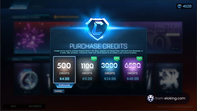 In-game purchase credits screen showing various package options