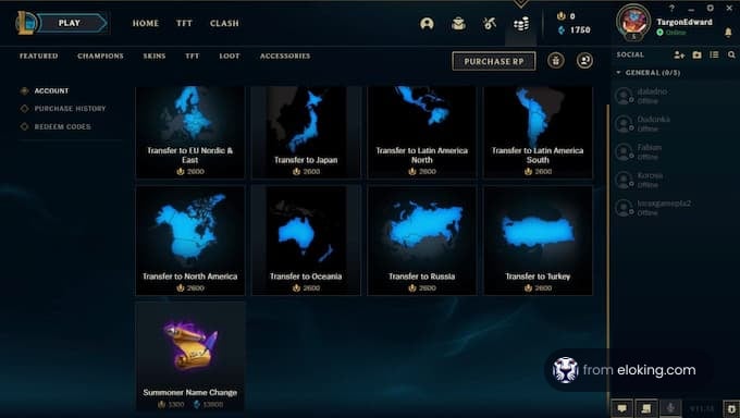 Screenshot of online game interface showing regional transfer options for North America, Japan, Latin America, Oceania, Russia, and Turkey