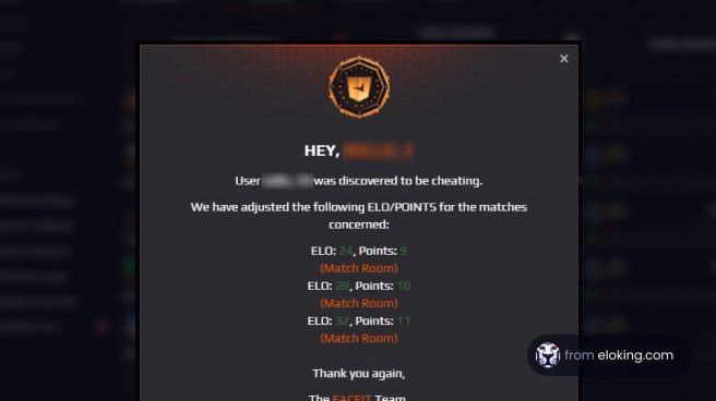 Notification screen displaying a message about a user caught cheating in a game with adjusted ELO/POINTS