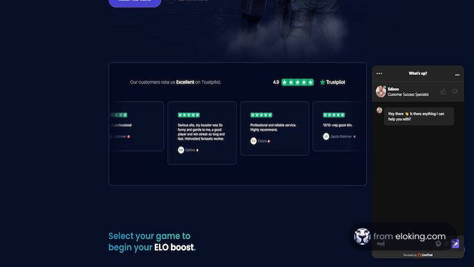 Website interface for online ELO boosting services, including customer reviews and chat support
