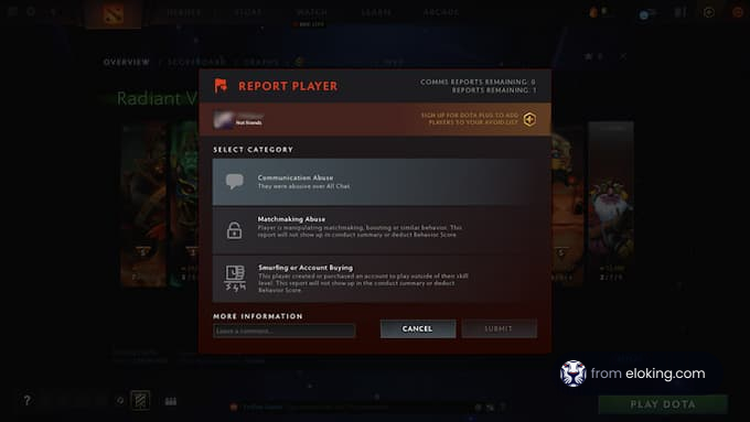Screenshot of a report player interface in an online game