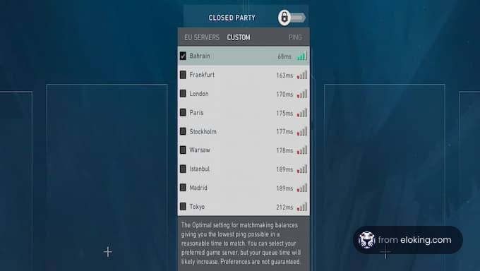 Screenshot of an online gaming server selection interface showing ping rates for various cities