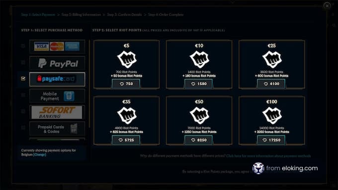 Screenshot displaying various online payment methods for purchasing gaming points