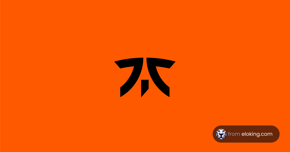 Black abstract symbol on orange background with a logo at the bottom right