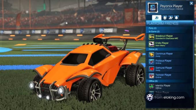 Orange futuristic car on a soccer field in Rocket League game