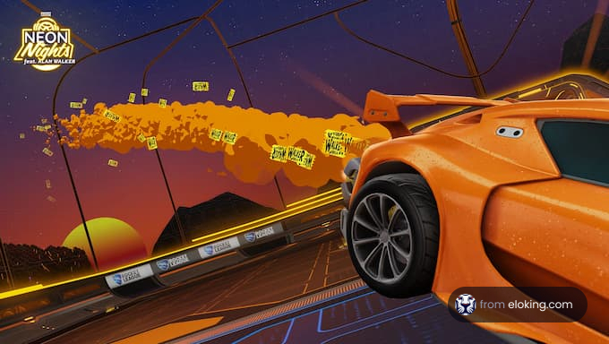 Orange sports car speeding in a neon-lit cityscape with sunset background