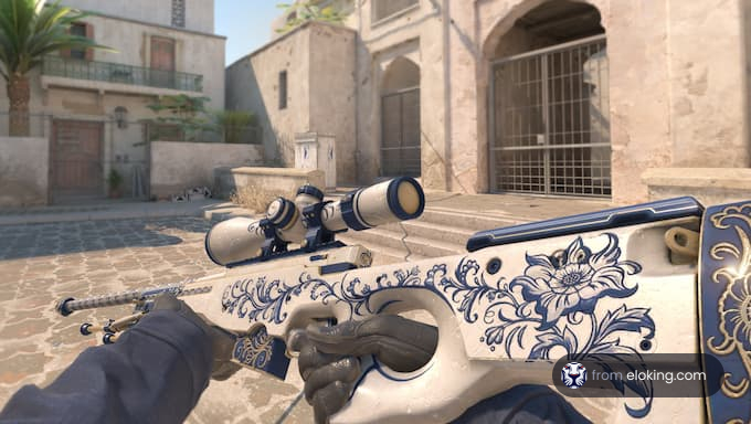 A beautifully designed blue sniper rifle in a game environment.