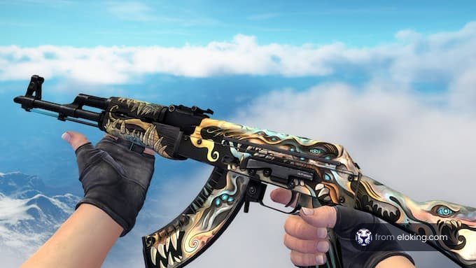 Hands holding an ornately decorated rifle against a clouded sky