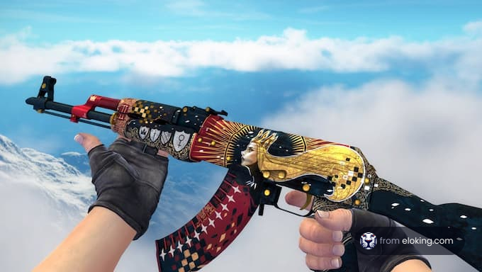 Hand holding an ornately decorated golden dragon pistol against a cloudy sky
