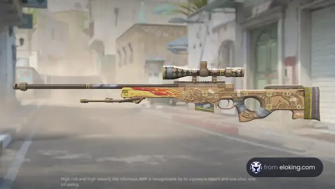 Ornately decorated sniper rifle floating in a video game street scene