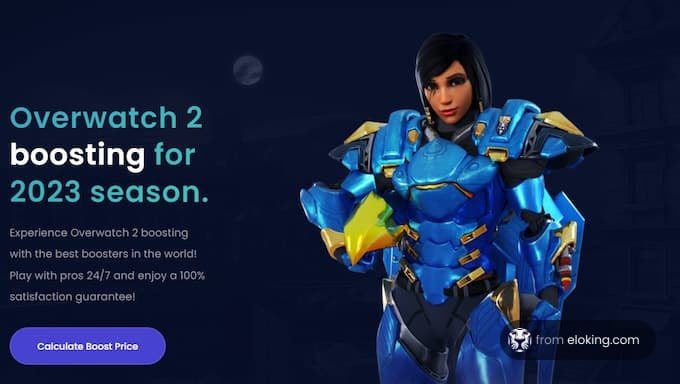 Overwatch 2 character in blue armor promoting boosting services for 2023 season