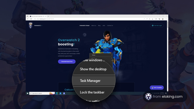 Screenshot of Overwatch 2 boosting service website featuring character Pharah