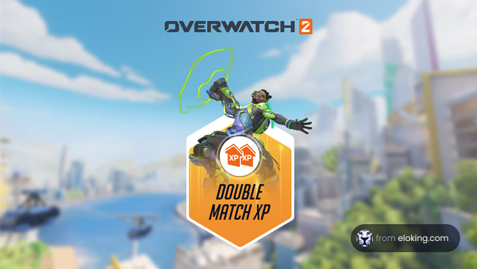 Lucio from Overwatch 2 jumping with excitement on Double Match XP promotional image
