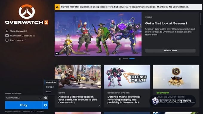 Screenshot of Overwatch 2 game interface showing character lineup and updates