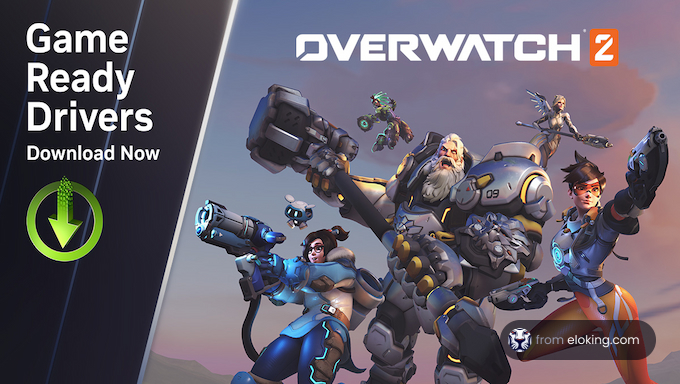 Overwatch 2 promotional banner featuring heroes with Game Ready Drivers download invitation