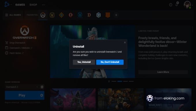 Uninstall prompt for Overwatch 2 on a gaming platform interface