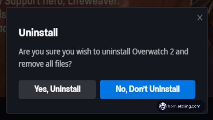 Uninstall prompt for Overwatch 2 with options to uninstall or cancel