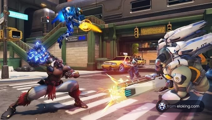 An intense battle scene featuring characters in a sci-fi setting.