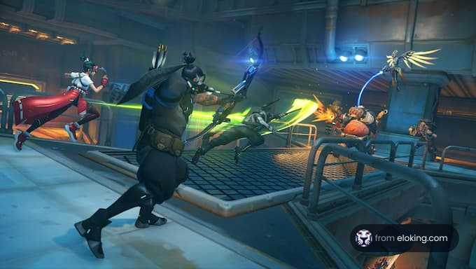 A dynamic battle scene in a futuristic setting.