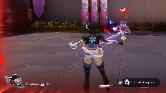 A character from Overwatch engaged in battle.