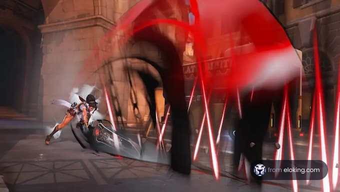 A dynamic action scene featuring a character from a video game.