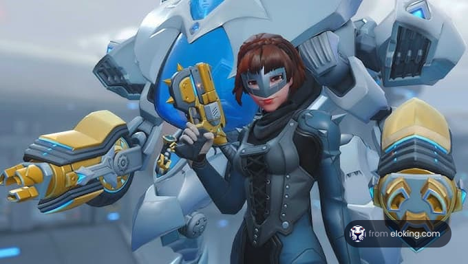 A character from a video game holding a weapon in a futuristic setting.