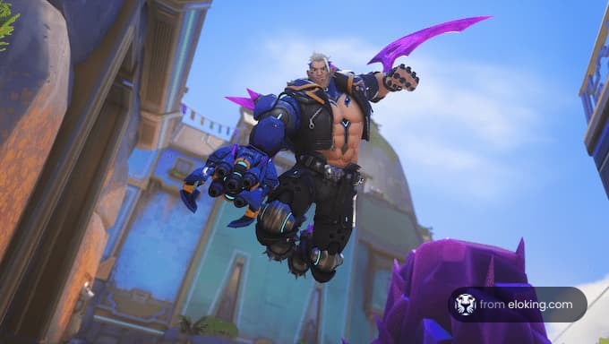 Dynamic action shot of an Overwatch character jumping