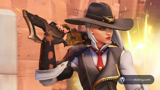 A dynamic action pose of a character from Overwatch.