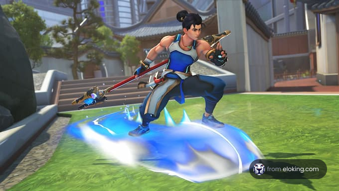 A character performing an action on a snow board