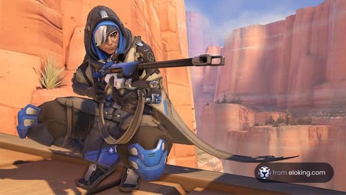 Overwatch character Ashe scouting the mountainous landscape