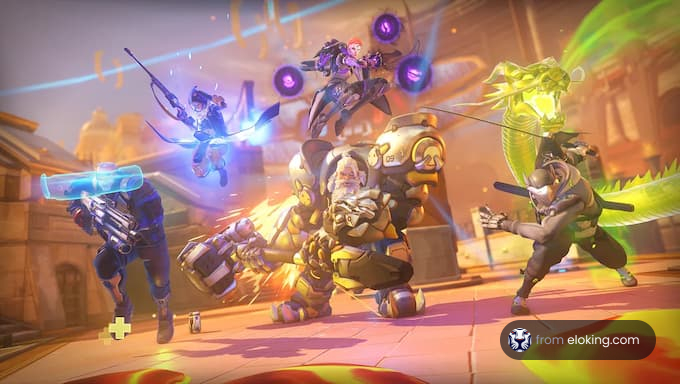 Exciting battle scene with Overwatch characters in action
