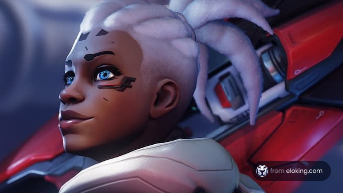 Close-up portrait of a futuristic character with striking blue eyes and unique hairstyle.