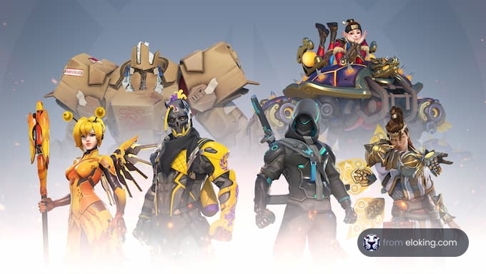 Une collection de personnages d'Overwatch dans une pose dynamique.